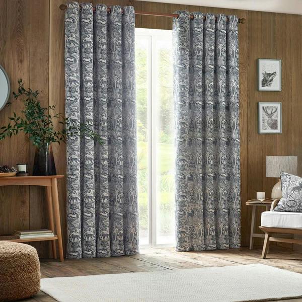 Furn Winter Woods Chenille Animals Eyelet Curtains - Midnight - 