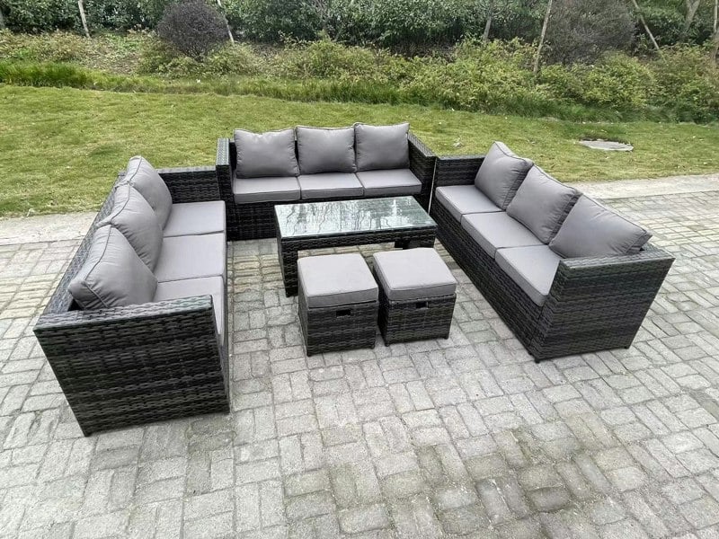 Fimous Outdoor Rattan Garden Furniture Lounge Sofa Set With Oblong Rectagular Coffee Table 2 Footstools