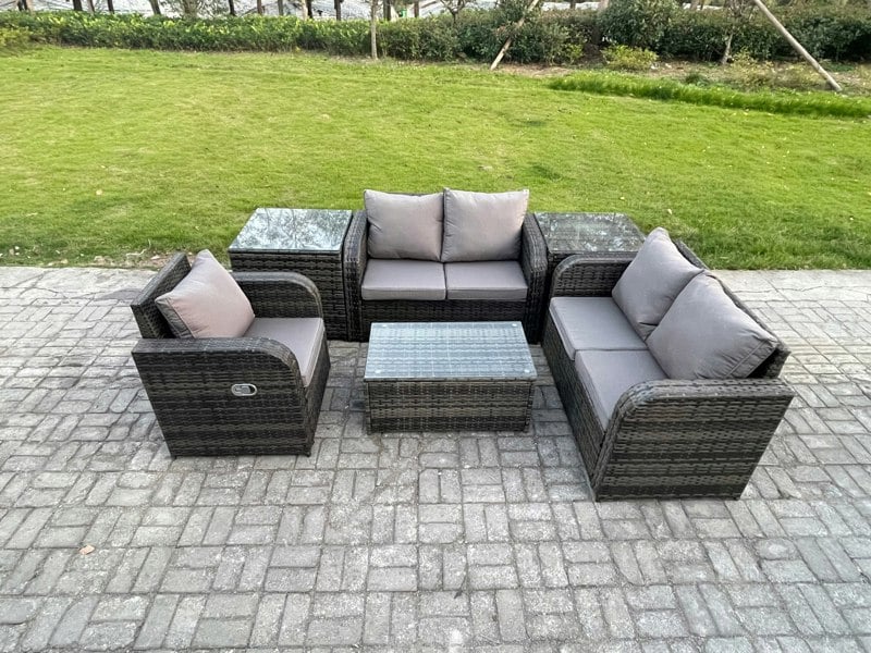 Fimous High Back Rattan Garden Lounge Sofa Set - Dark Grey Mixed Indoor/Outdoor Patio Furniture with Loveseat & Rectangular Coffee Table