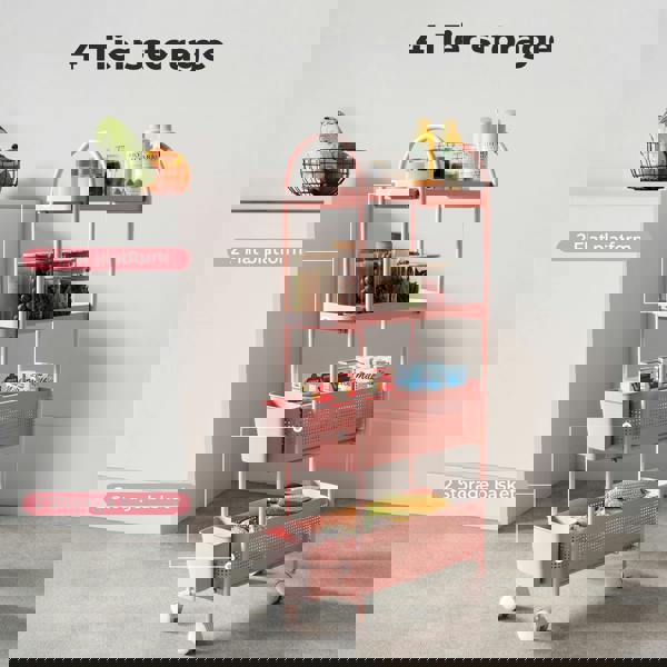 Levede 4 Tier Kitchen Storage Trolley Cart on Wheels for Narrow Space Metal Pink