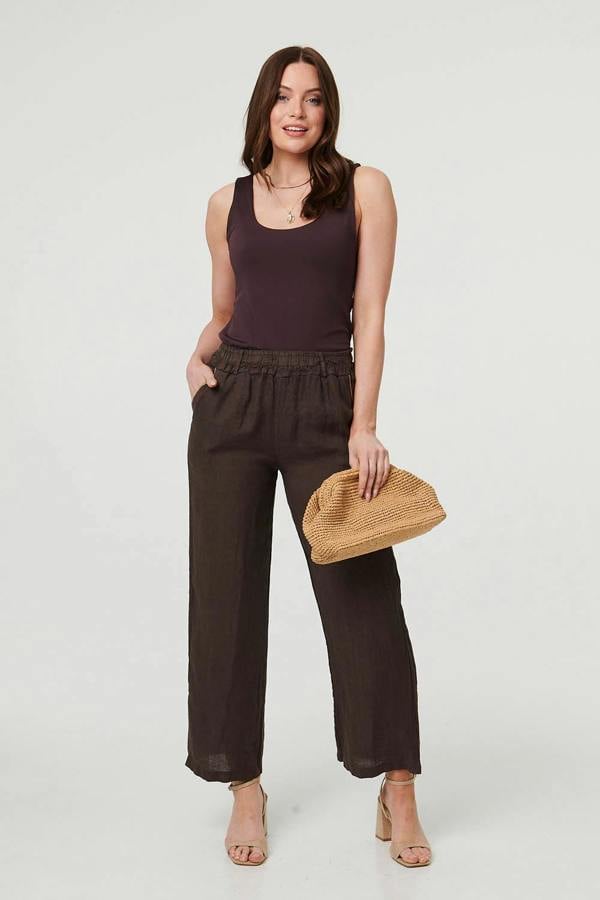 Dark Brown | High Waist Wide Ankle Length Trousers : Model is 5'9"/175 cm and wears UK8/EU36/US4/AUS8