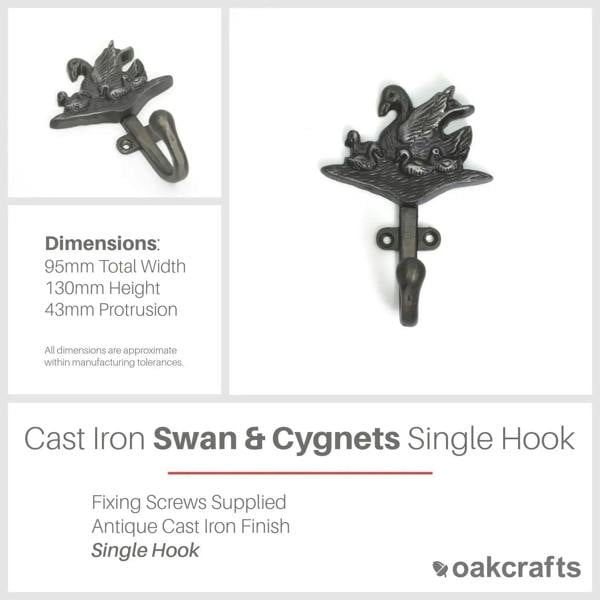 Antique Cast Iron Swan & Cygnets Single Coat/Robe Hook - 130mm