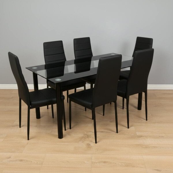 Kosy Koala Dining Table and 6 Chairs Black Clear Glass 6 Faux Leather Black Chairs Dining Room Furniture