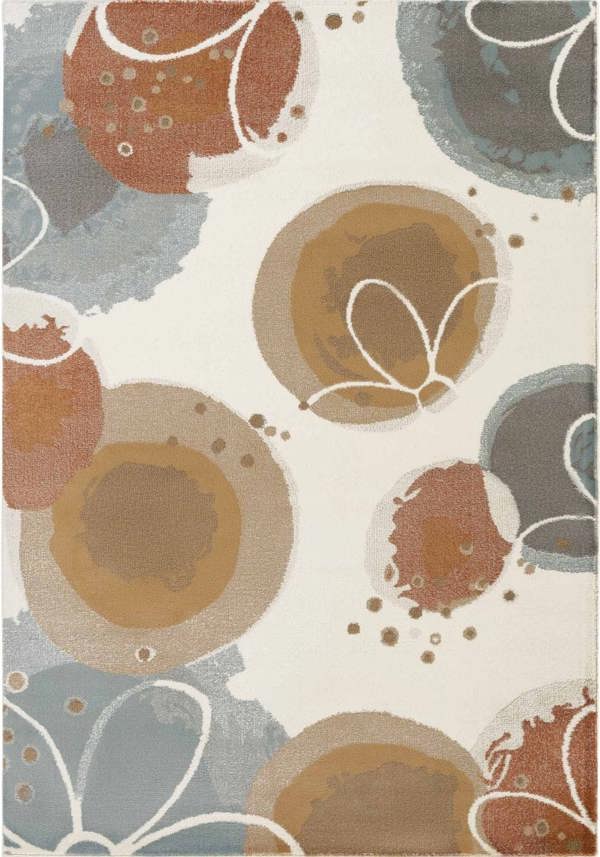 Patterned rug with circular shapes in brown, blue, and beige on a white background