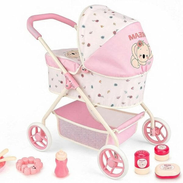 deAO Toys deAO Complete Baby Doll Stroller Set Doll Pushchair with Storage Basket & Feeding Accessories Pretend Play Baby Care Toy for Kids Ages 3+