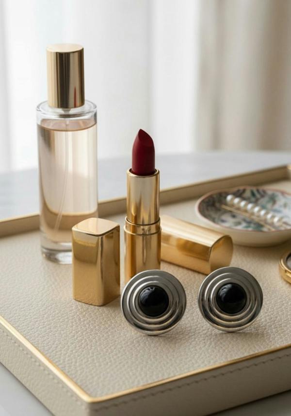 Gold lipstick, perfume bottle, and silver earrings with a circular black centre on a light surface with a neutral background