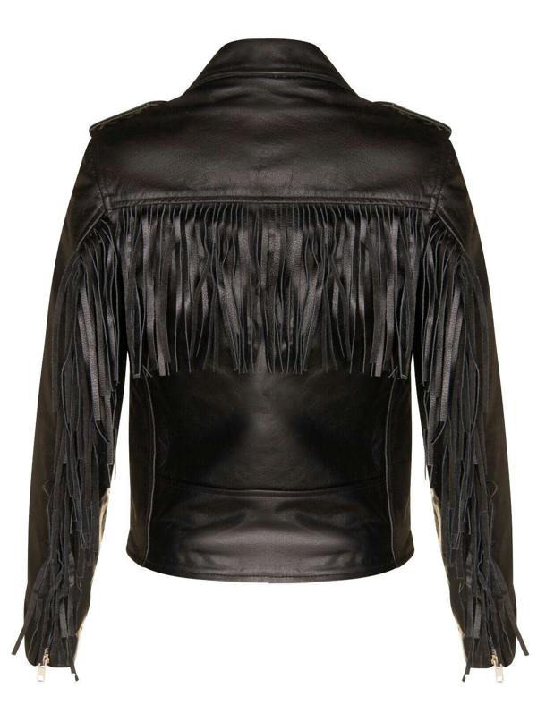 Infinity Leather Women's Black FRINGE Leather Brando TASSELED Motorcycle Cow Hide Biker Jacket