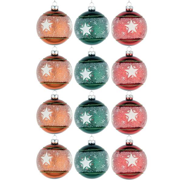 8cm Glass Christmas Baubles 12 Pack in Orange, Green and Red with Mixed Decorative Designs image 5