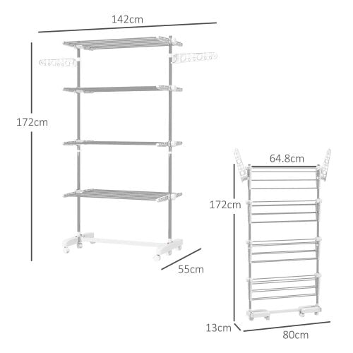 Bobobiy Four-Shelf Collapsing Clothes Horse, With Side Arms and Wheels - White