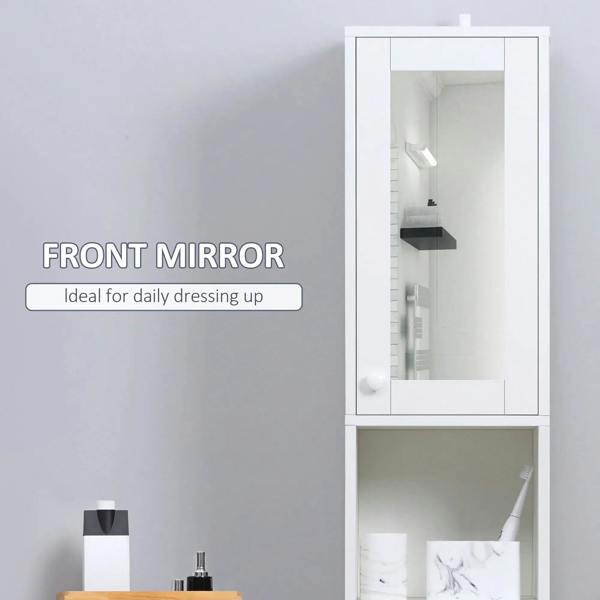 White bathroom storage cabinet with front mirror and open shelf above doors