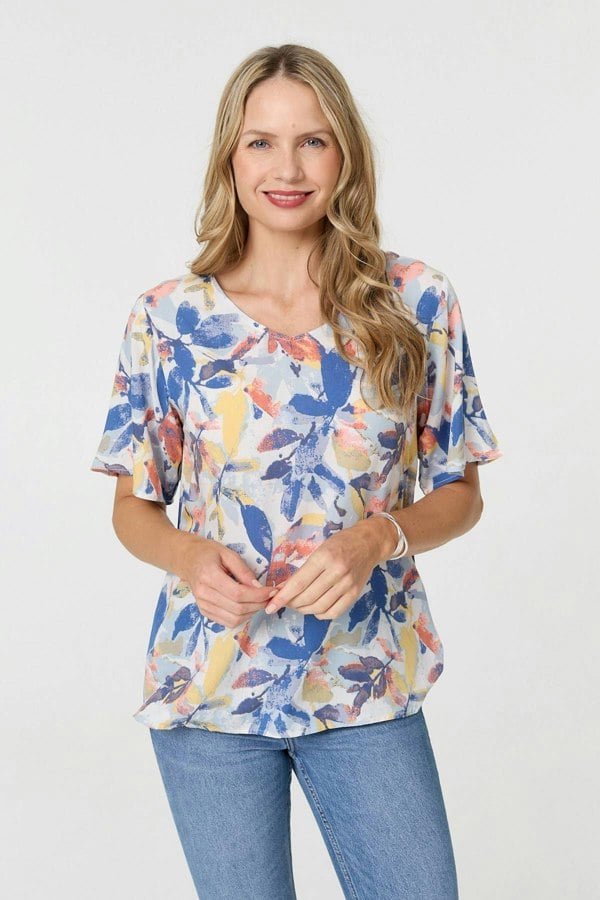 Blue | Leaf Print Relaxed Short Sleeve Blouse
