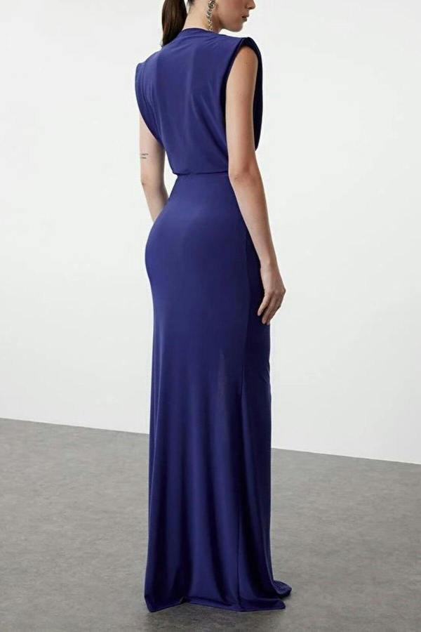 WOVCOR Draped Woven Maxi Elegant Evening Dress
