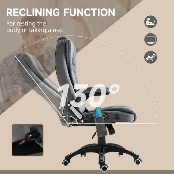 Grey massage recliner office chair in a reclined position on a swivel base