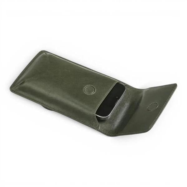 Green real leather mobile phone bag with spacious main compartment for everyday essentials.
