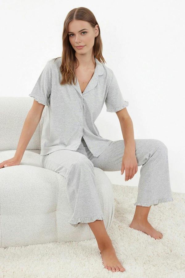 WOVCOR 2-Piece 100% Cotton Ruffle Detail Knitted Pajama Set
