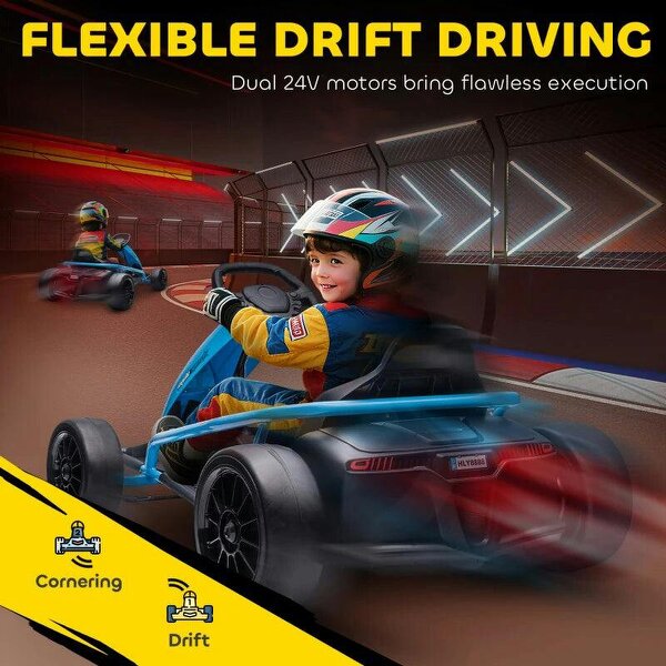 24V Drift Kart, Electric Ride-On Racing Go Kart w/ 2 Speeds, Steering Wheel, Pedals for Kids Aged 8-12, Blue