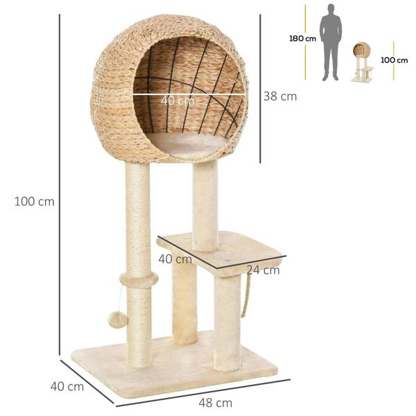Beige cat tree activity center with round woven condo and stacked platforms