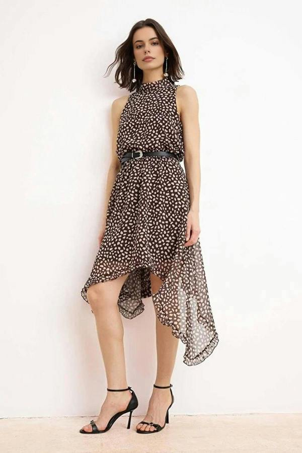 WOVCOR Polka Dot Asymmetrical Skirt Detail Chiffon Lined Midi Woven Dress
