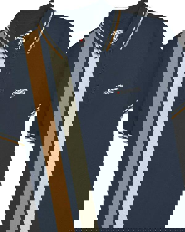 Lambretta Mens Vertical Stripe Classic Mod Ska Casual Smart Polo, navy blue polo shirt with vertical beige and white stripe design and embroidered Lambretta logo.