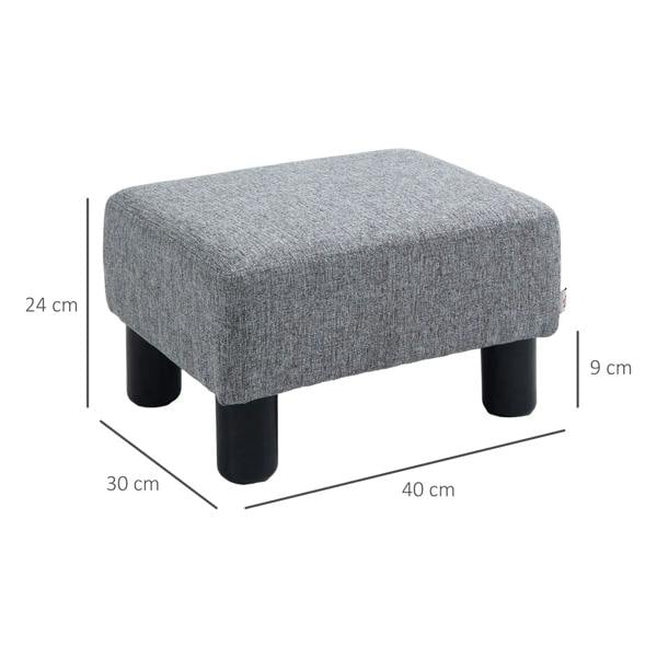 Grey linen ottoman footstool cube with black plastic legs, rounded top edges