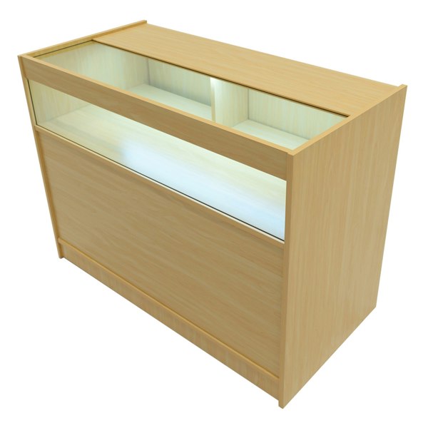 Maple Iris LED shop counter set featuring a sleek design, illuminated display area, and smooth, natural wood texture