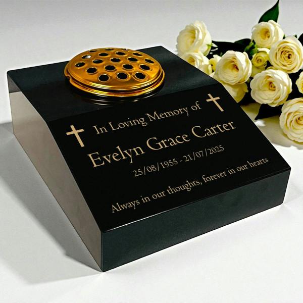 Memorials Direct Black Granite Sloping Memorial Desk with Vase – Cross Design, Free Gold Engraving