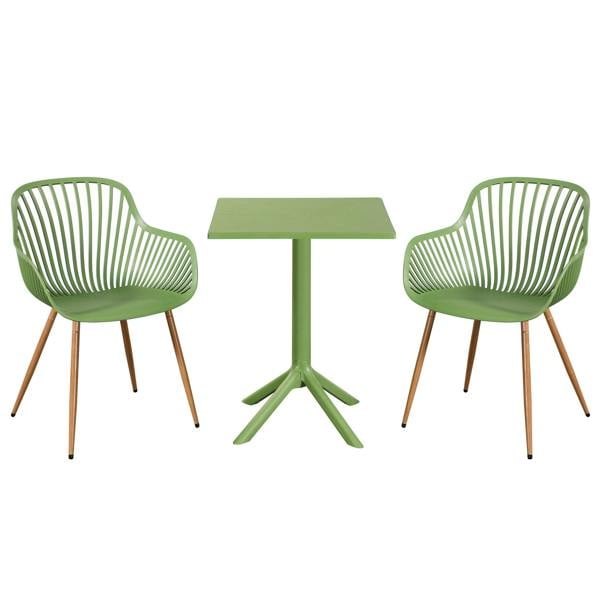 Core Products 3 Piece Bistro Garden Set, Pair Of Sunray Armchairs & Square Plastic Table, Moss Green With Wood Effect Legs