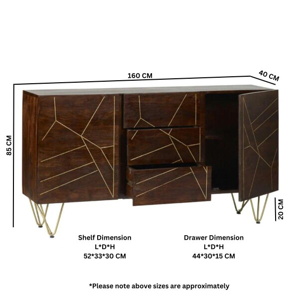 Wyld Haus Bandung Dark Mango Wood and Gold Large Sideboard 3 Drawers 2 Doors