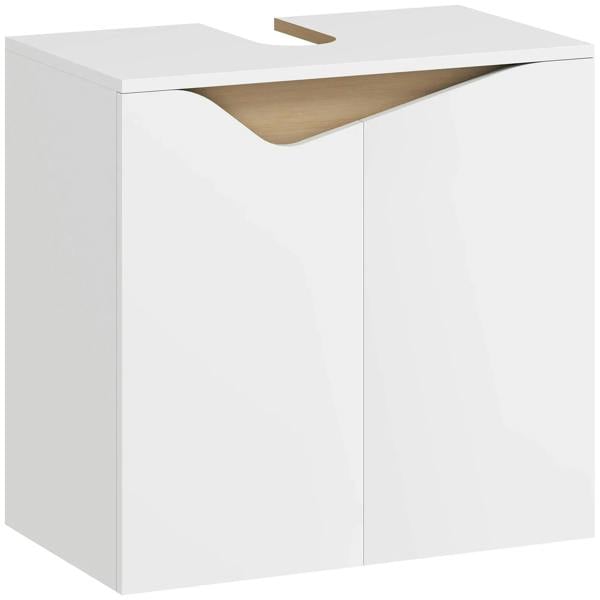 White under-sink bathroom cabinet with two doors and open interior storage space