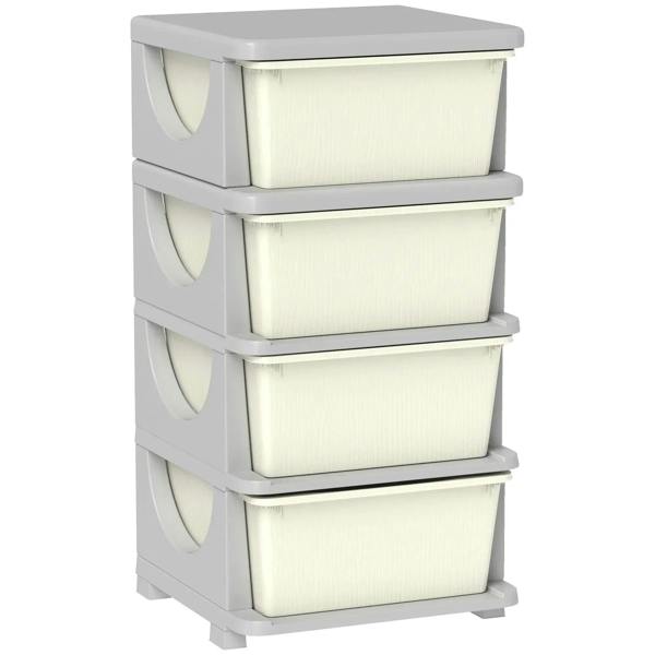 Four-tier kids storage cabinet with four cream fabric drawer bins and rounded pull handles