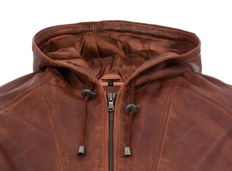 Infinity Leather Mens Vintage Zipped Leather Hooded Bomber Biker Jacket