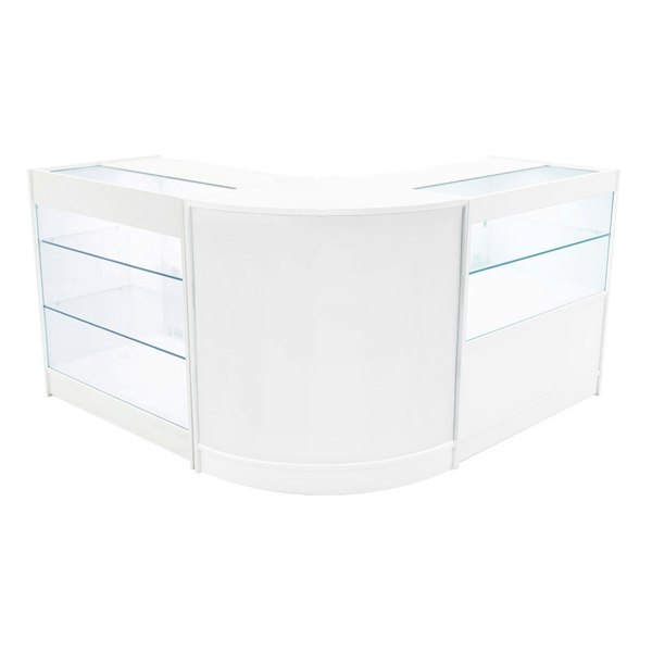 Hera LED Shop Counter Set in white, featuring a sleek curved design, glass display shelves, and modern LED lighting for visibility