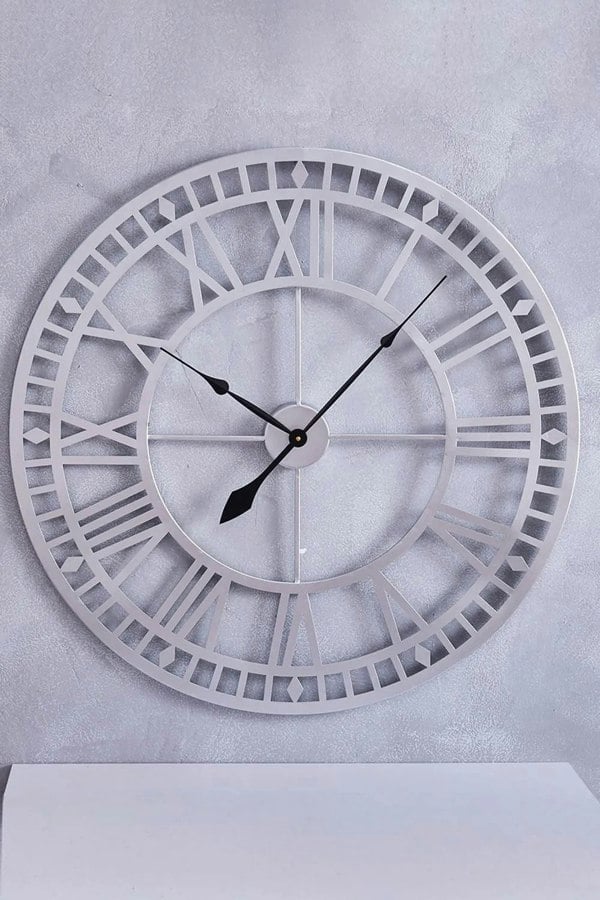 Living and Home 80cm Dia Silver Roman Numerals Metal Wall Clock