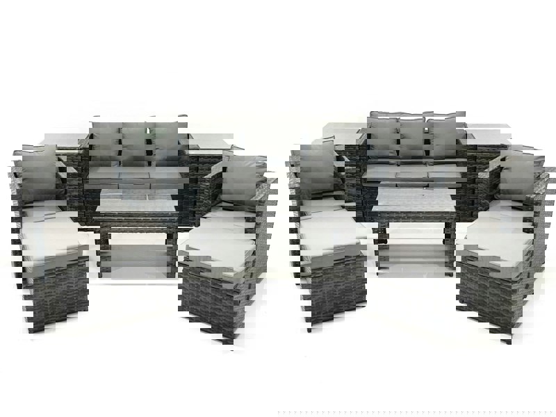 Fimous 7 Seater Rattan Garden Furniture Set Outdoor Lounger Sofa with Coffee Table 2 Armchair 2 Big Footstools 2 Side Tables Dark Grey Mixed