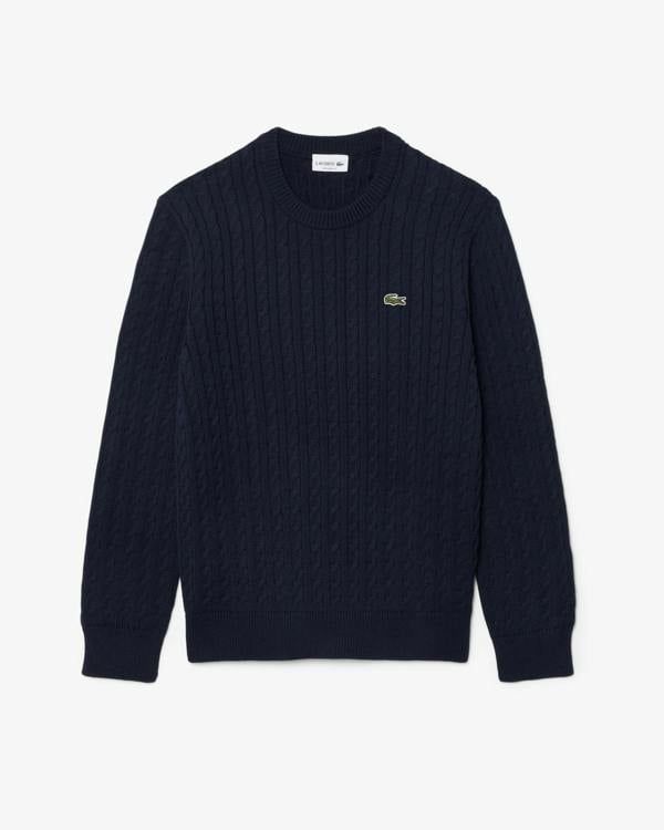 Lacoste Cable Knit Mens Cotton Jumper - Navy Blue/Green 802