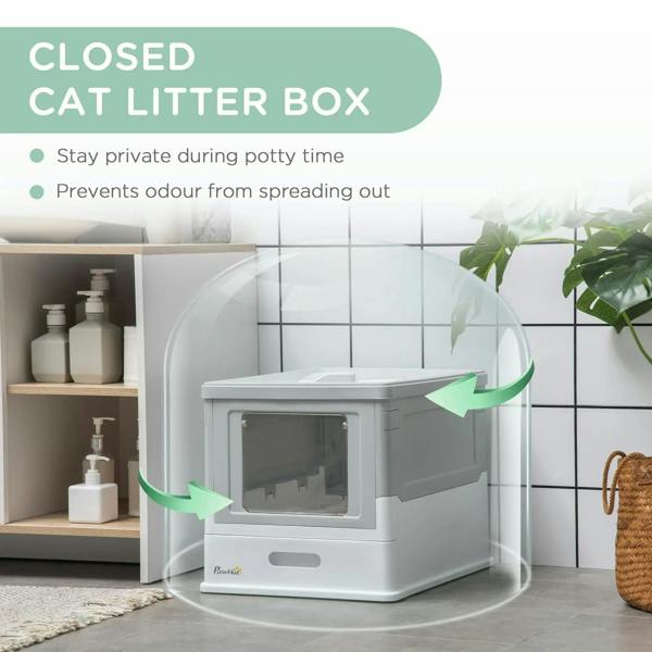 Grey closed hooded cat litter box with front opening and side ventilation panel