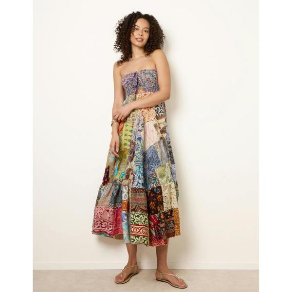 Blue Vanilla Shirred Patchwork Art Bandeau Dress