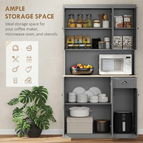 Wyld Haus Ririlo Wooden Grey 180 cm Tall Kitchen Storage Cabinet With OFauxn Counter Drawers And 6 Doors