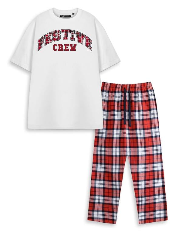Show Me The Merch Unisex White Festive Crew Short Sleeve Long Leg Pyjama Set