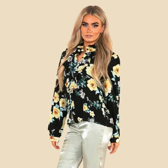 Elaina Fashion Women's Black Floral Print Blouse - Long Sleeve Button Down Shirt Summer Flower Print Casual Tunic Vintage Style Top