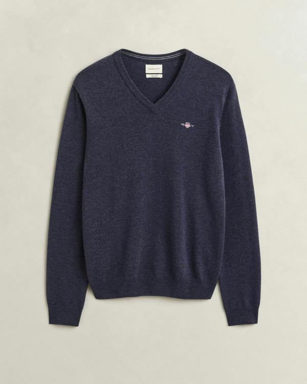 GANT Mens Superfine Lambswool V - Neck Sweater - 480 Dark Navy Melange | CHO | Designer Mens V - Neck Jumpers