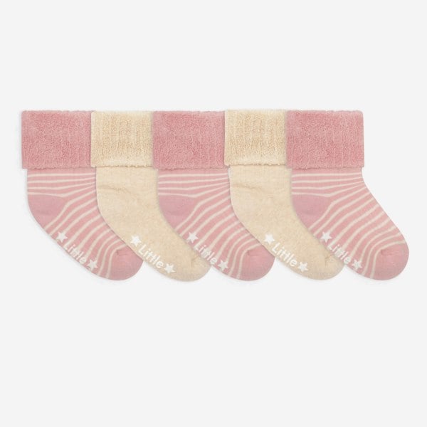 Little Sock Co. Cosy Stay On Winter Warm Non Slip Baby Socks - 5 Pack in Pink Stripe & Biscuit