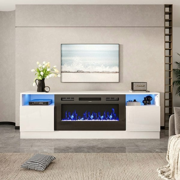 Livingandhome Recessed Electric Fireplace TV Stand with Closed Storage Living and Home White