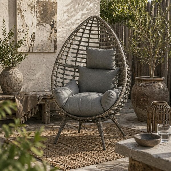 Wyld Haus Luyono Rattan Rope Grey Teardrop Outdoor Egg Chair With Cushions