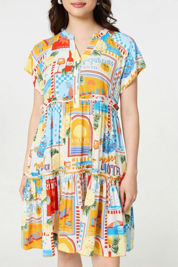 Orange | Patchwork Print Knee Length Smock Dress
