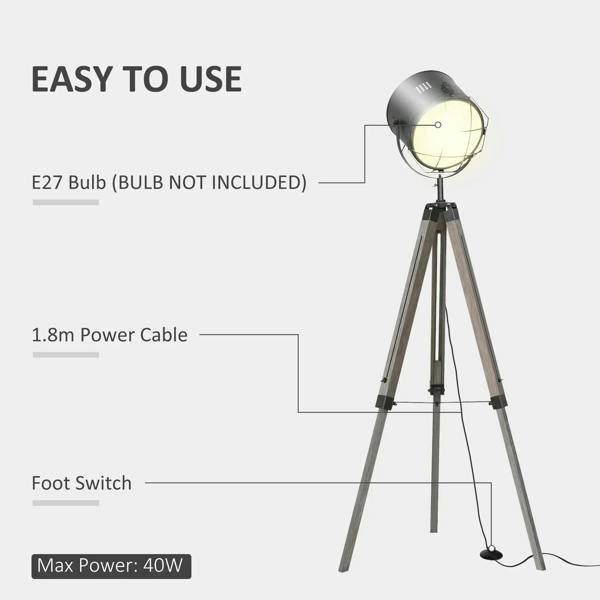 Grey floor lamp spotlight with tripod legs, visible power cord and foot switch
