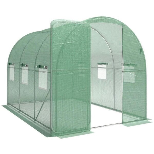 2 x 3 m Walk-in Polytunnel Greenhouse with Hinged Door and 6 Roll Up Mesh Windows, Garden Tunnel Warm House Tent, Green
