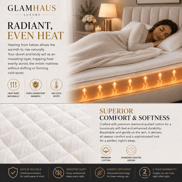 GlamHaus Super King Electric Blanket - Fitted Mattress Bed Cover - White Diamond Quilted - Settings for Feet and Body, Timer