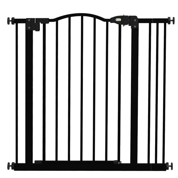 Black adjustable pet safety gate with auto-close door, vertical bars and side mounts