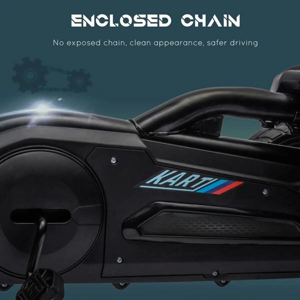 Black kids pedal go kart side close-up with enclosed chain cover and rear suspension spring